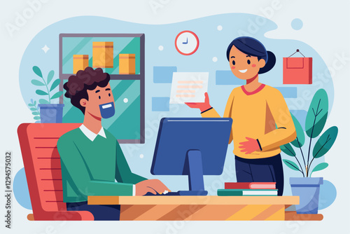 A man is focused on his computer while a client hands him important documents in an office setting, man is getting orders from client on computer