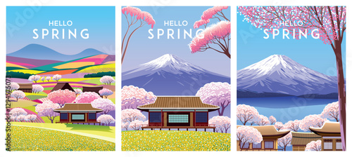 Hello, spring! Set of Springtime's posters or banners. Vector illustration of nature, landscape, sakura or cherry blossom, park, trees, japenese cottages, mountains, fields and lawns.