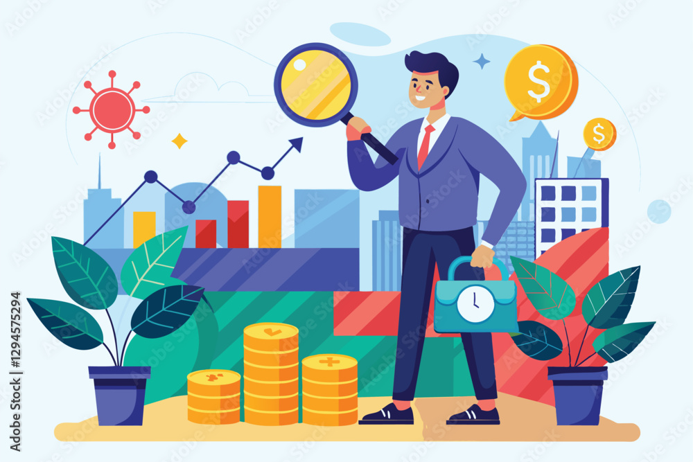 A man with a magnifying glass examines investment options amidst graphs and money symbols, man is pursuing the target of investing money A man with a magnifying glass examines investment options amidst graphs and money symbols, man is pursuing the target of investing money