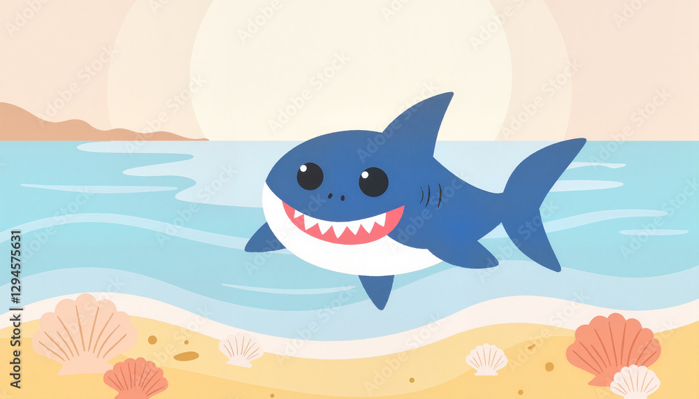 Naklejka premium Cheerful baby shark swimming near sandy seafloor, playful joy