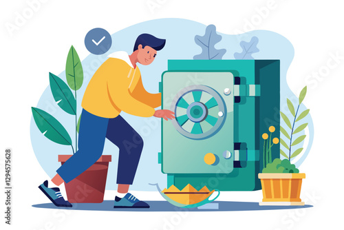 A man is securing an important safe in a cozy room adorned with plants and a tea set on the floor, man is securing an important safe