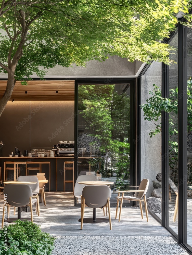 Fototapeta premium A modern cafe showcasing a tranquil space surrounded by greenery and seating