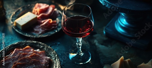 Wine, Cheese, and Meats on a Dark Table photo