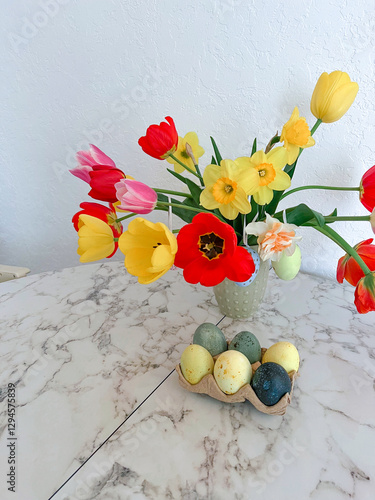 Obraz na płótnie An Easter card. Colorful bright tulips decorated with eggs are in a vase on the table next to colorful eggs. Vertical photography w salonie