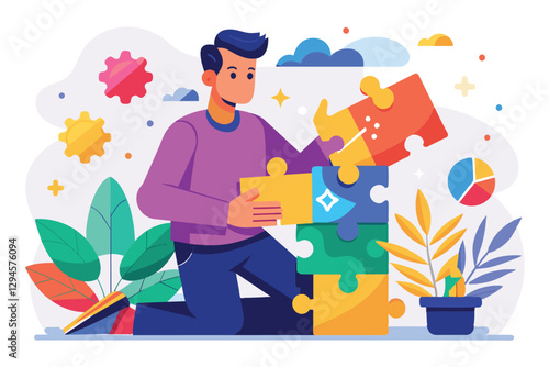 This man is focused on putting together colorful puzzle pieces in a bright and cheerful indoor space, man learning to put together a puzzle
