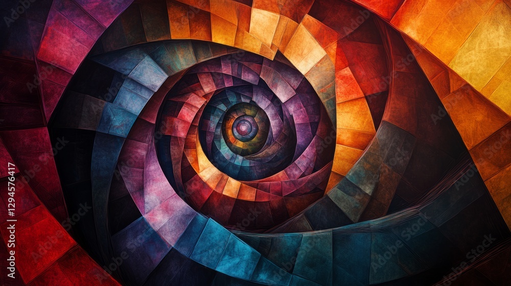 Fototapeta premium A geometric spiral, with layers of cubes, triangles, and circles in vibrant hues, giving the illusion of infinite depth