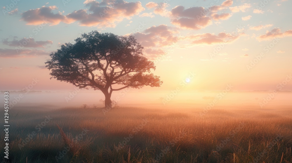 Obraz premium Sunrise over a misty field with a solitary tree in calm morning light