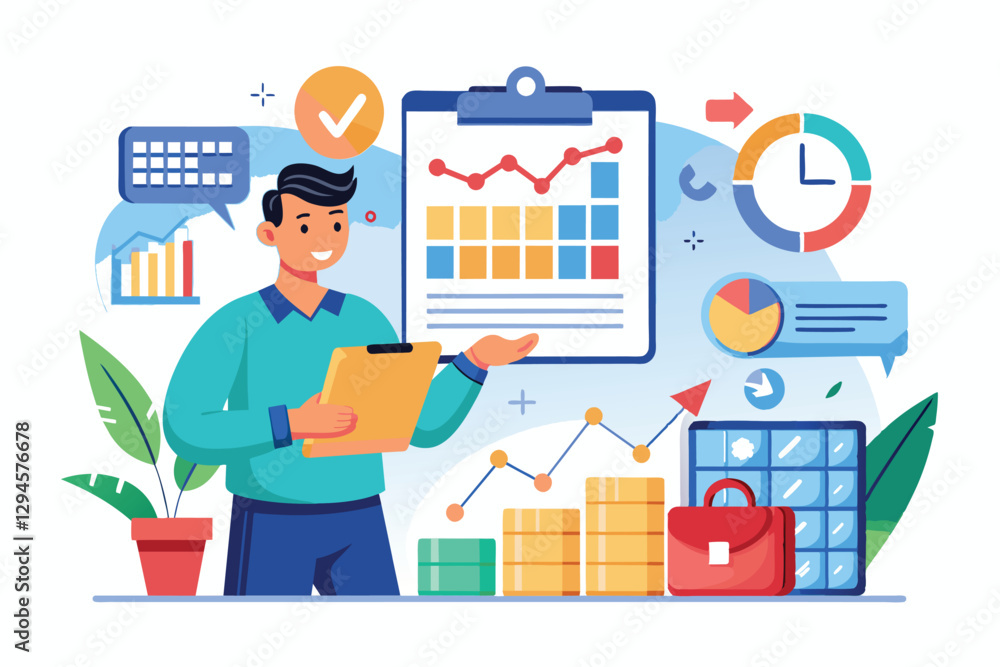 A man organizes his monthly report, using charts and a calendar for effective planning, man prepares monthly report,with elements calendar arrows charts A man organizes his monthly report, using charts and a calendar for effective planning, man prepares monthly report,with elements calendar arrows charts