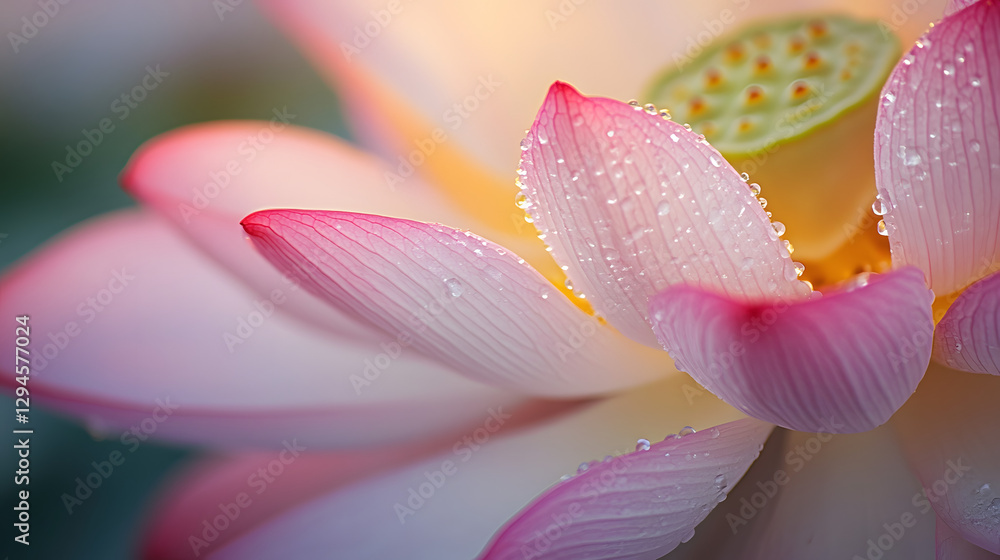 A close-up of the delicate petals and dewdrops on an open lotus flower
A close-up of the delicate petals and dewdrops on an open lotus flower