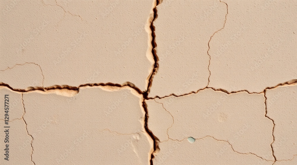 Fototapeta premium Cracked earth texture, with orange top layer and light bottom layer, crack details, dry and arid look, close-up photography.