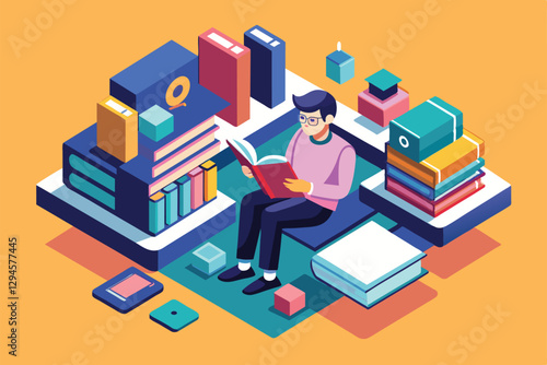 A man sits comfortably, absorbed in reading a customizable isometric book surrounded by colorful stacks, Man reading Customizable Isometric Illustration