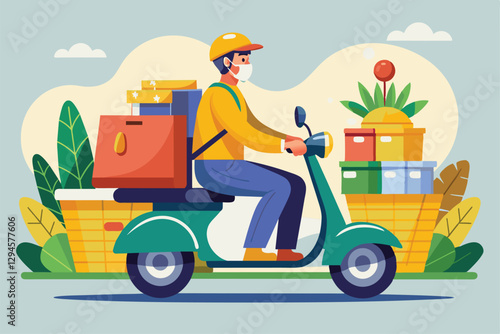 A man delivers goods on a scooter with a cart, navigating through a vibrant urban area, man riding a scooter with a cart of goods