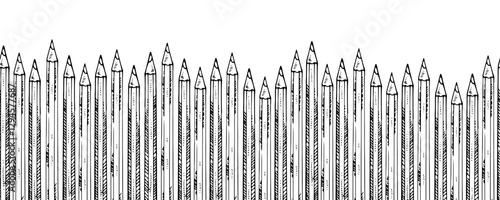 Hand drawn vector illustration of a seamless pencil border. Vintage black and white engraving style, perfect for stationery, school, and office supply designs. Isolated sketch