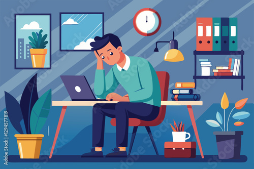 A man appears overwhelmed as he sits at his desk, working on a laptop in a contemporary office space, Man sits at his workplace with his head in his hands,