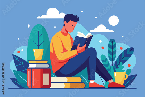 A man engages deeply with a book while sitting among plants in a cheerful outdoor space, man sitting and reading a book