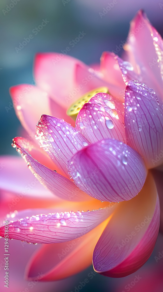Fototapeta premium A close-up of the delicate petals and dewdrops on an open lotus flower 