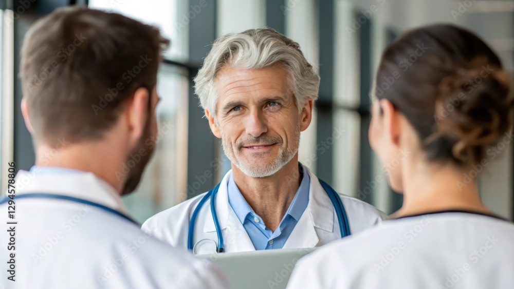Concentrated doctor consultant concept. A confident senior doctor engages with two younger medical professionals, fostering collaboration and communication in a healthcare setting. Concentrated doctor consultant concept. A confident senior doctor engages with two younger medical professionals, fostering collaboration and communication in a healthcare setting.