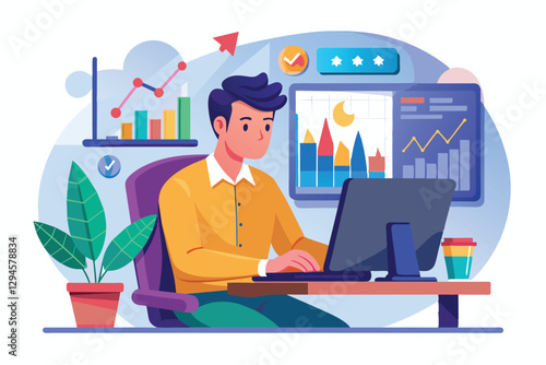The man focuses on analyzing trading trends using charts and data on his computer in a bright workspace, man studying trading on computer