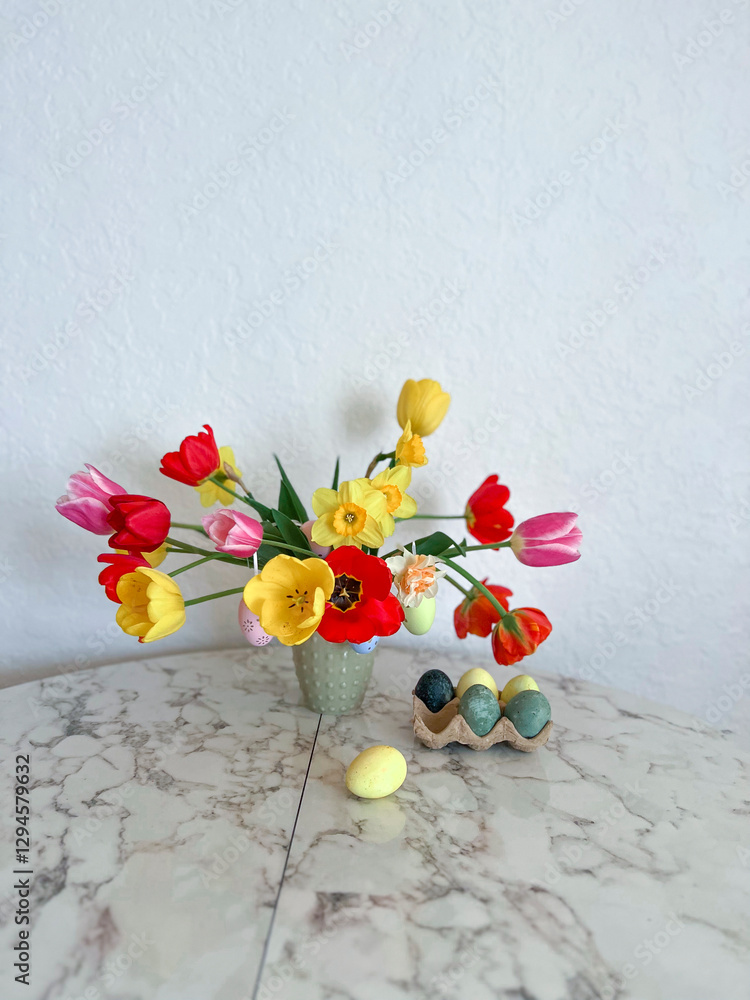 An Easter card. Colorful bright tulips decorated with eggs are in a vase on the table next to colorful eggs. Vertical photography