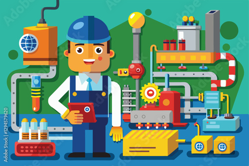 A cheerful worker supervises machinery while managing a customizable manufacturing process in a factory, Manufacturing process Customizable Cartoon Illustration