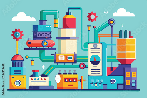 A colorful illustration showing a customizable manufacturing process with various machines and pipes, Manufacturing process Customizable Flat Illustration