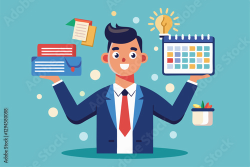 A focused individual balances a calendar and documents while showcasing productivity and organization skills, Man with calendar, Talented and hardworking entrepreneur or businessman