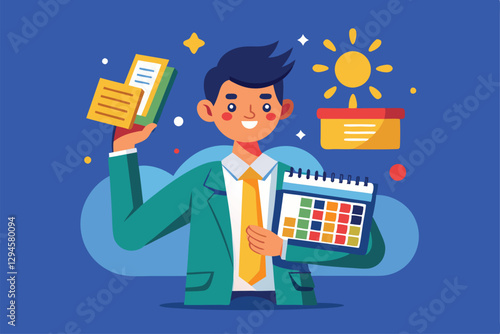A man holds a calendar and notes, symbolizing his commitment to organization and productivity in work, Man with calendar, Talented and hardworking entrepreneur or businessman