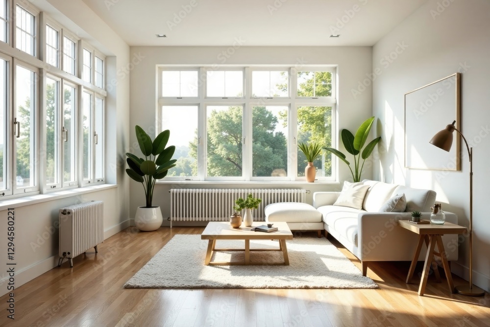 Fototapeta premium Sunlit Modern Living Room Interior Design Featuring a Comfortable Sectional Sofa and Large Windows