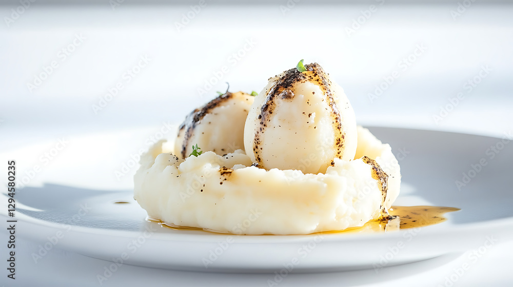 Gourmet mashed potatoes and poached eggs, drizzled with sauce, on a white plate. An elegant, delicious breakfast or brunch. Ready to eat! Gourmet mashed potatoes and poached eggs, drizzled with sauce, on a white plate. An elegant, delicious breakfast or brunch. Ready to eat!