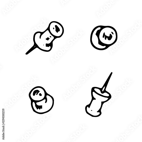 Hand drawn vector illustration of a push pin set, featuring thumbtacks, and pushbuttons. Black and white line art sketch for office and stationery designs. With isolated silhouette on the background