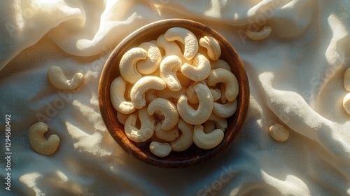 Cashews in wooden bowl on beige fabric, sunlit photo