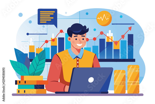 A man smiles while using his laptop to assess stock market trends and business developments, man with laptop looking at stock business developments