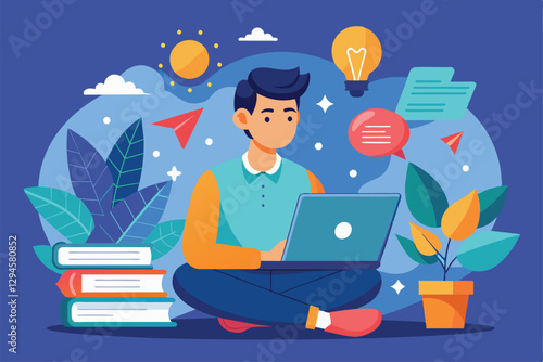A man engages in online education using his laptop, surrounded by books and plants in a colorful setting, man with laptop sitting online education concept distance learning