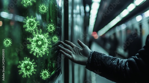 Hand reaching toward virtual coronavirus particles in a public transit