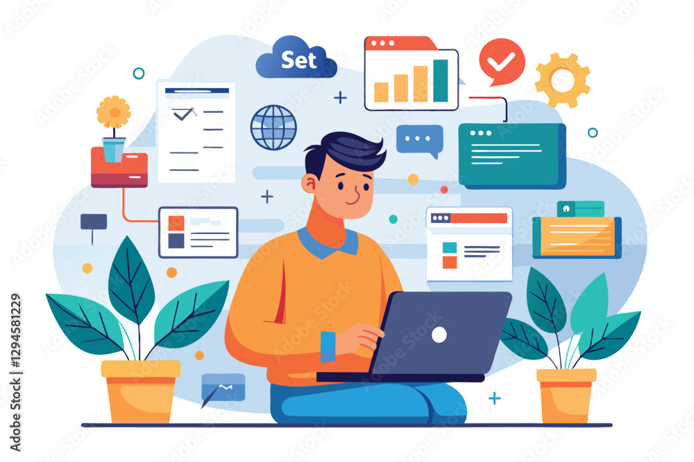 A man is synchronizing storage on his laptop in a lively workspace filled with plants and digital icons, man with laptop synchronizing storage on website A man is synchronizing storage on his laptop in a lively workspace filled with plants and digital icons, man with laptop synchronizing storage on website