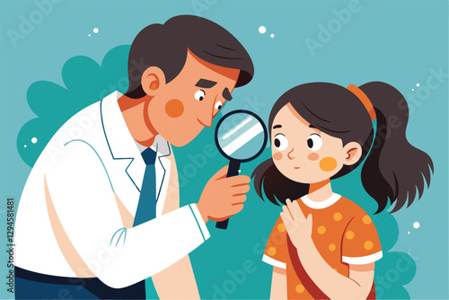 A man closely inspects a girl's skin using a magnifying glass, fostering a caring evaluation, Man with magnifying glass evaluates skin condition of young girl,