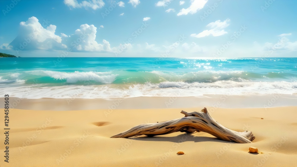 Serene Tropical Beach Scene with Driftwood Serene Tropical Beach Scene with Driftwood