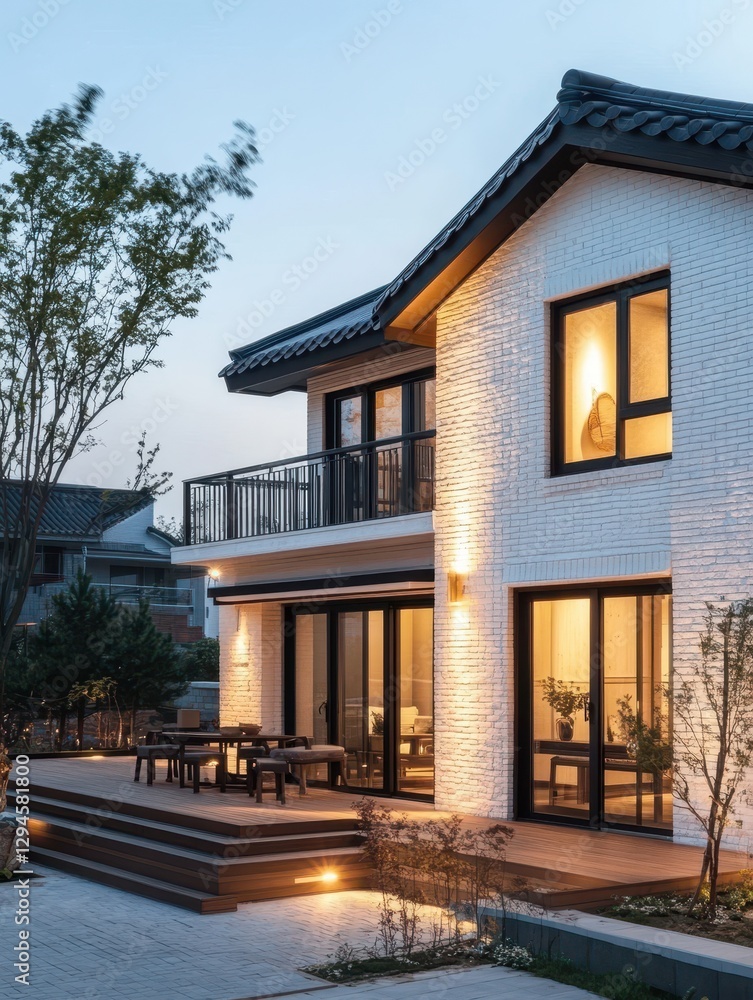 Fototapeta premium Modern house showcases a beautiful exterior lit at dusk