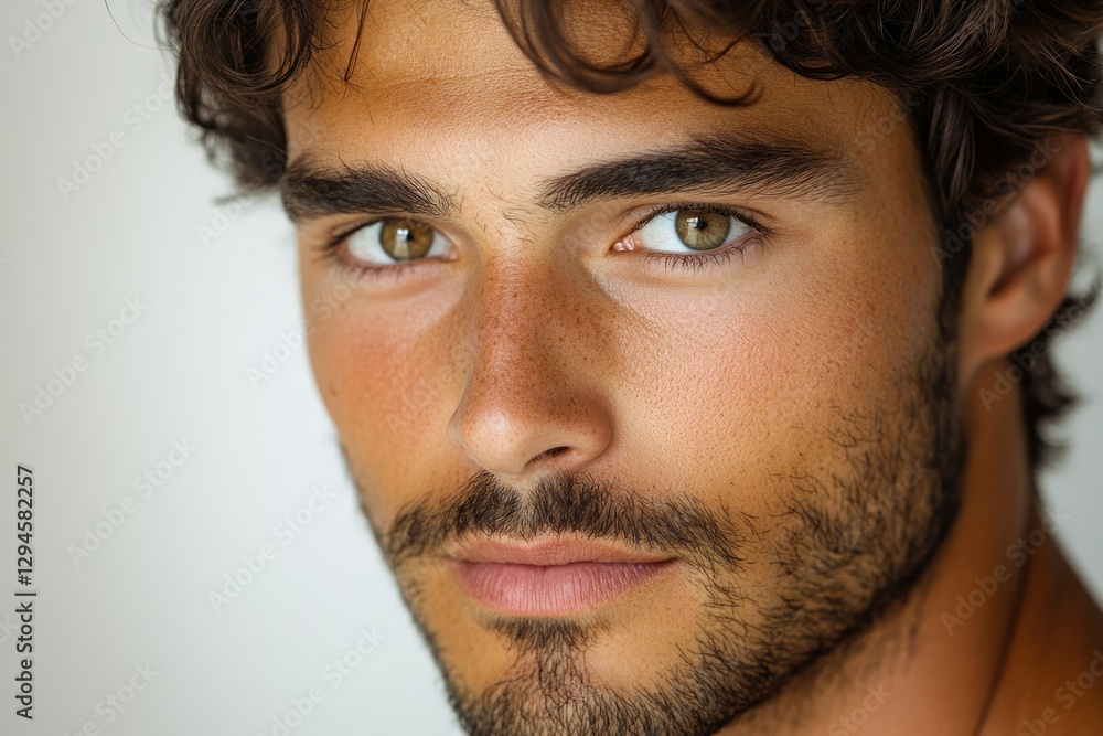 Close-up portrait of a handsome man with brown eyes and stubble, showcasing his masculine features. Close-up portrait of a handsome man with brown eyes and stubble, showcasing his masculine features.