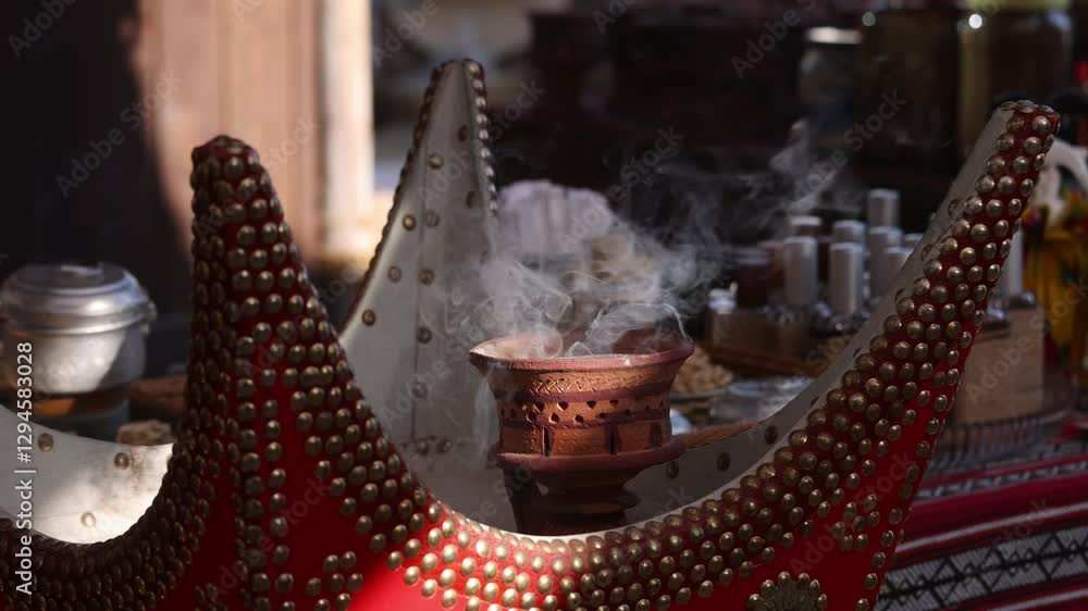 Traditional Arabic incense bukhoor agar wood burner with smoke