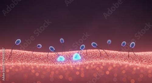 A close-up view of nanotechnology interacting with a cellular surface, showcasing the potential for advanced medical treatments and research. Ideal for themes related to science, technology