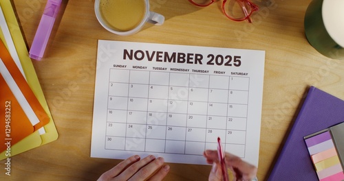 A woman circles a date on a calendar sitting at her desk. Close-up of her hands, unrecognizable person