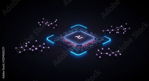 A futuristic AI-driven chip designed for molecular analysis, surrounded by glowing molecular structures. Ideal for themes related to technology, healthcare, and scientific research.
