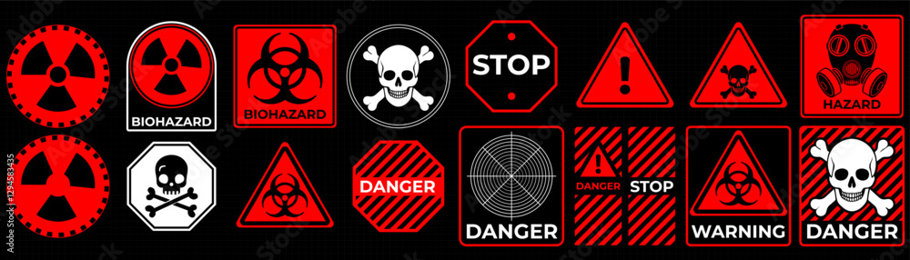 Obraz premium Conceptual HUD danger zone layout featuring red warning frames and futuristic alert elements. High-quality vector illustration perfect for print and digital interfaces, including caution signs, attent