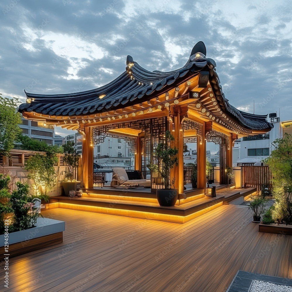 A wooden rooftop pagoda with a beautiful architectural design A wooden rooftop pagoda with a beautiful architectural design