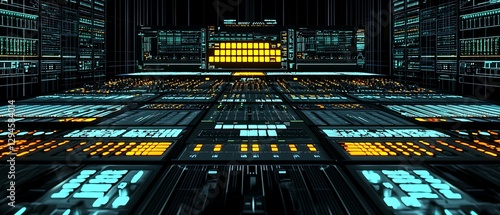 Futuristic data center visualization with complex network infrastructure