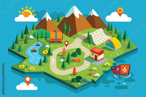 This map showcases a vibrant camping area with trails, mountains, a river, and a cozy tent, ideal for adventures, Map for camping and travel,