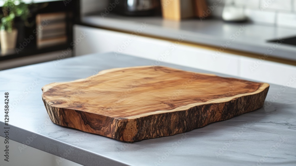 Fototapeta premium A wooden cutting board sits on a kitchen counter.