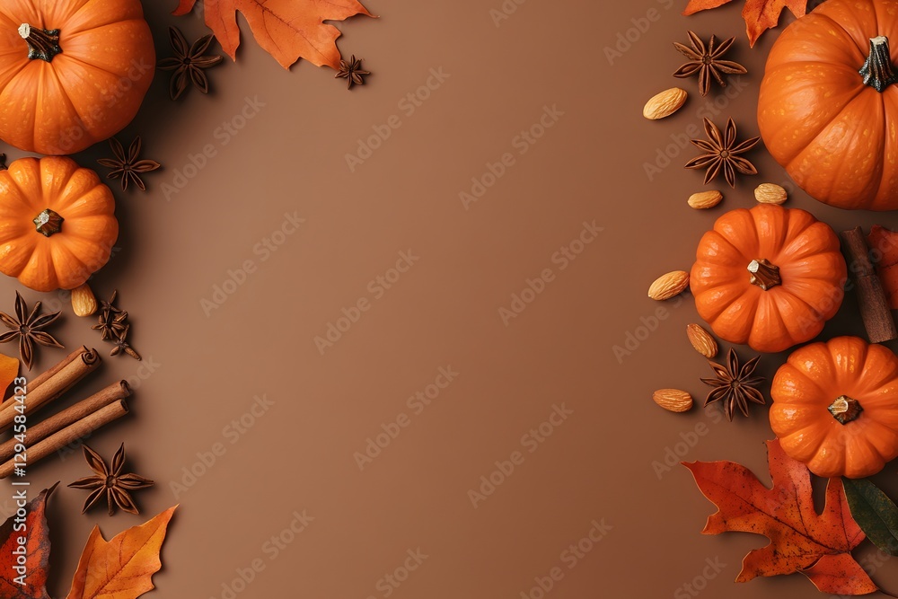 Fototapeta premium Autumnal Harvest, Pumpkins, Spices, and Fall Leaves on Brown Background