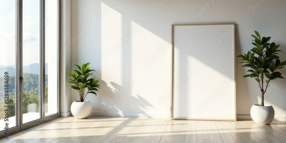 Fototapeta premium Sunlight illuminates a minimalist interior featuring a large blank canvas, flanked by potted plants, creating a serene and inviting atmosphere in a bright room with a view.